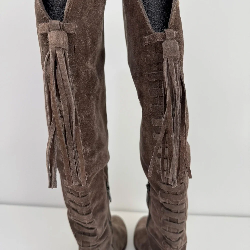 Frye‎ Tina Tassel Lace Back Suede Over The Knee Boots Size 5.5